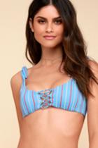 Amuse Society Lia Blue Striped Lace-up Bralette Bikini Top | Lulus