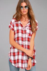 Lulus Here We Go Red Plaid Button-up Top