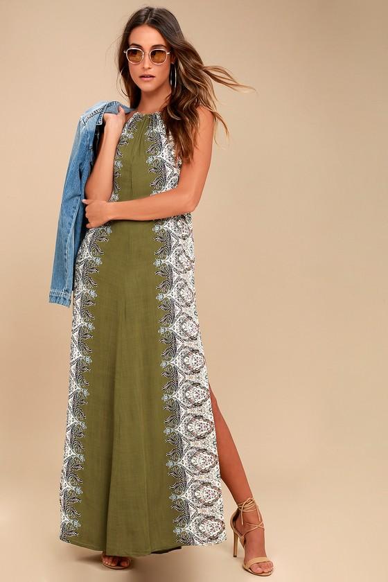 O'neill | Brinkley Olive Green Print Maxi Dress | Size Large | Lulus