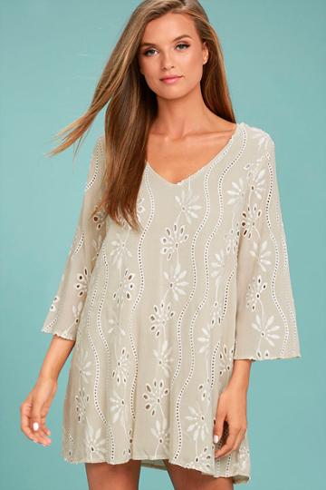 Honey Belle | Bohemian Heart Beige Embroidered Shift Dress | Size Large | 100% Rayon | Lulus