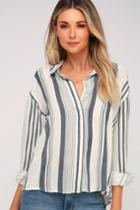 Olive + Oak Martha Navy Blue And Off-white Striped Long Sleeve Top | Lulus