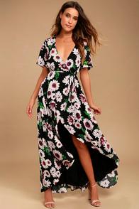 Lulus Flower Market Black Floral Print High-low Wrap Dress