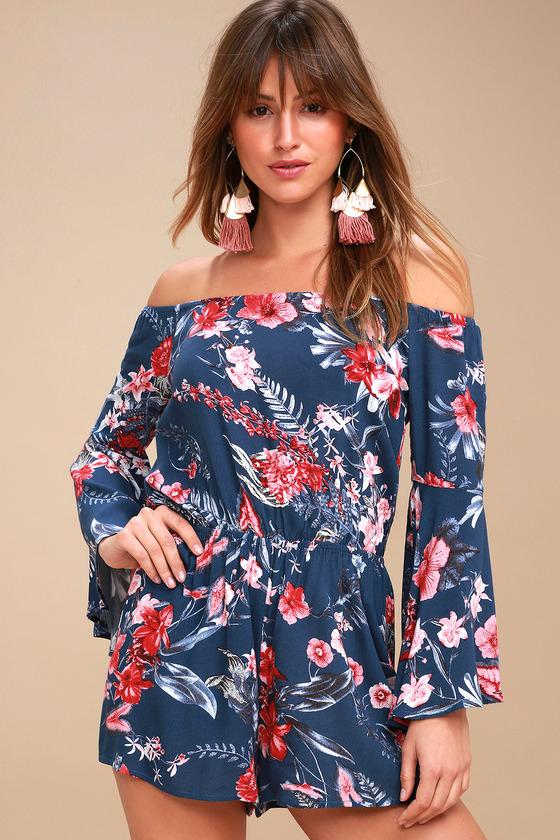 Wildwood Flower Navy Blue Tropical Print Off-the-shoulder Romper | Lulus