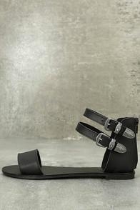 Qupid Dorinda Black Ankle Strap Flat Sandals
