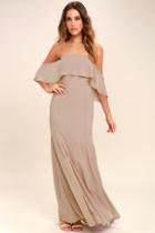 Lulus All My Heart Taupe Off-the-shoulder Maxi Dress