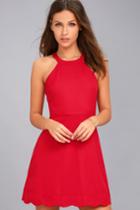 Lulus | Mamacita Red Halter Skater Dress | Size Large | 100% Polyester