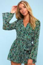 The Fifth Label Viridian Green Floral Print Long Sleeve Wrap Romper | Lulus