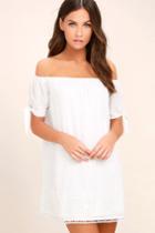 Lulus | Moment In The Sun White Lace Off-the-shoulder Dress | Size Small | 100% Polyester