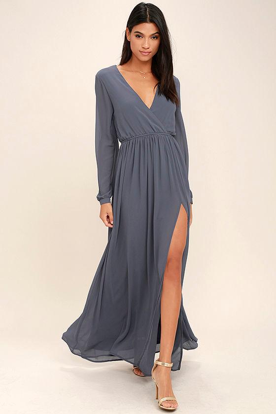 Wondrous Water Lilies Slate Grey Long Sleeve Maxi Dress | Lulus