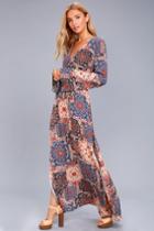 Lulus | Mosaic Marvel Rust Orange Print Long Sleeve Maxi Dress | Size Medium | 100% Rayon