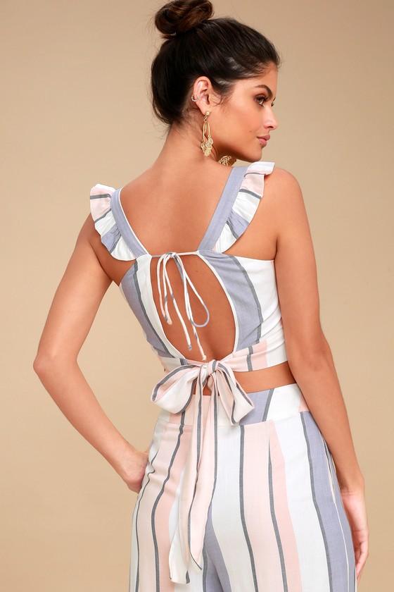 On The Road Jen White Multi Striped Backless Tie-back Crop Top | Lulus