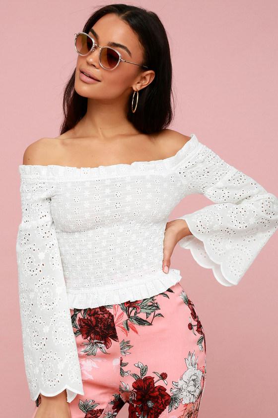 Sivain White Lace Smocked Off-the-shoulder Top | Lulus