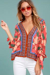Free People Freshly Squeezed Coral Pink Print Top