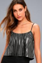 Lulus | Midnight Kiss Black And Silver Pleated Crop Tank Top | Size Small | 100% Polyester