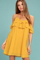 Lulus | Impress The Best Yellow Off-the-shoulder Dress | Size Large | 100% Polyester