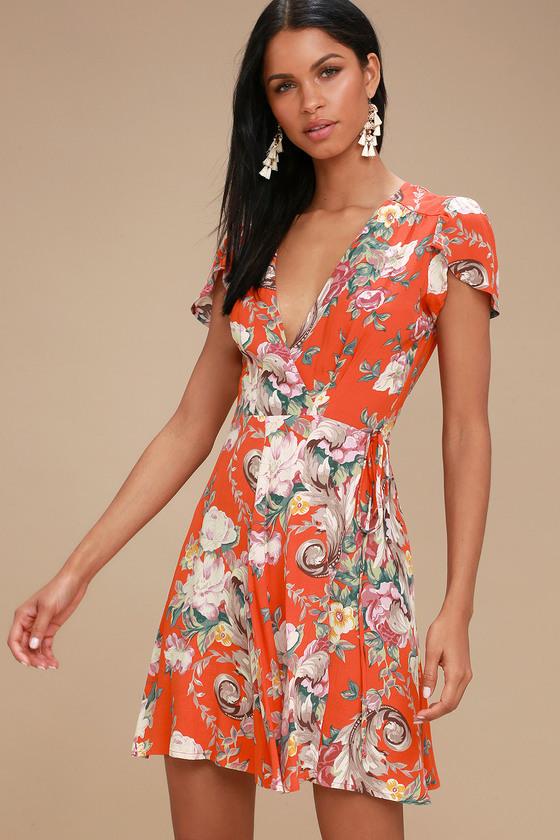 Rollas Dancer Coral Red Floral Print Wrap Dress | Lulus