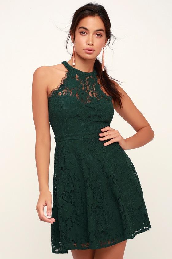 Davina Forest Green Lace Skater Dress | Lulus