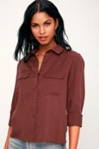 Lucille Washed Burgundy Long Sleeve Button-up Top | Lulus