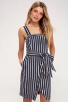 J.o.a. Porto Navy Blue And Pink Striped Dress | Lulus