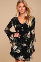 Lulus | Serendipity Black Floral Print Long Sleeve Shift Dress | Size Large | 100% Polyester