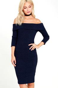 Lulus Too Good Navy Blue Off-the-shoulder Sweater Dress