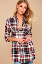 Bb Dakota Sylvia Navy Blue And Red Plaid Top