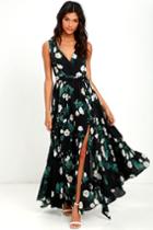 Lulus | Magnolia Blooms Black Floral Print Maxi Dress | Size X-small | 100% Polyester