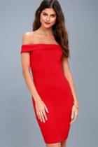 Lulus | Charm And Delight Red Off-the-shoulder Bodycon Dress | Size X-small | 100% Polyester