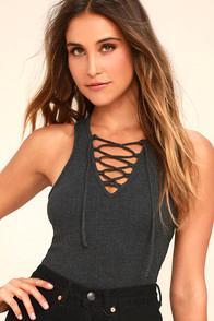 Others Follow Avalon Charcoal Grey Lace-up Top