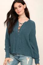 Do & Be Yours Always Slate Blue Lace-up Sweater