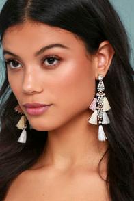 Lulus Crystal Memories Beige Rhinestone Tassel Earrings