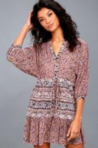 Billabong | Marry Mine Taupe And Magenta Print Dress | Size X-small | Beige | 100% Rayon | Lulus