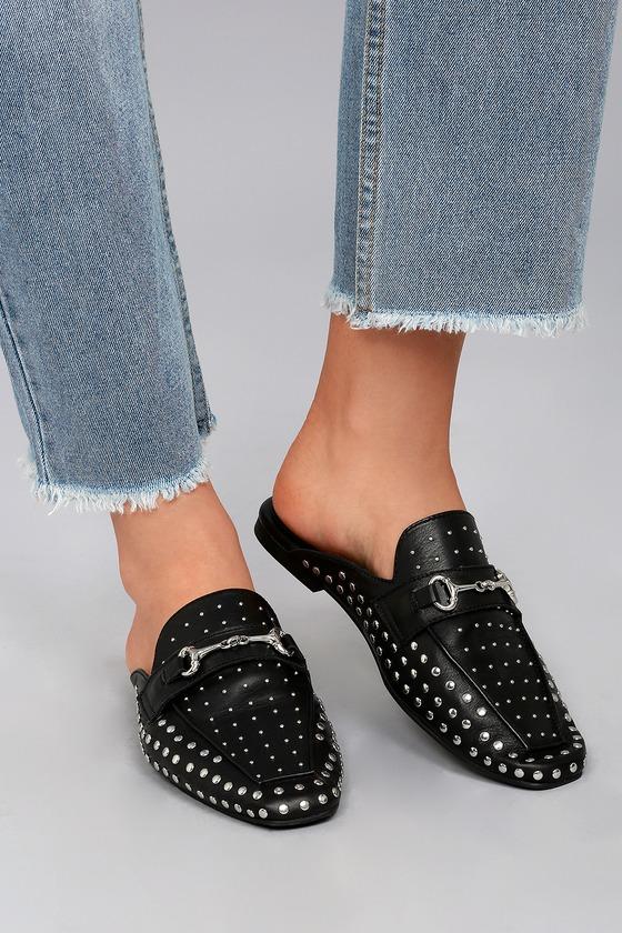 Steven By Steve Madden | Razzi Black Leather Studded Loafer Slides | Size 7.5 | Lulus