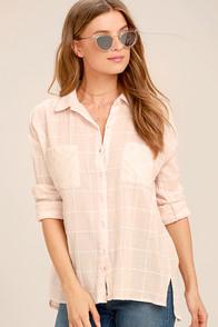 Rag Poets Playa Del Carmen Blush Pink Grid Print Button-up Top