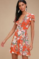 Rolla's Dancer Coral Red Floral Print Wrap Dress | Lulus