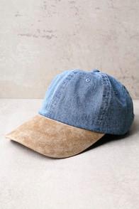Lulus Popstar Demin And Tan Suede Leather Baseball Cap