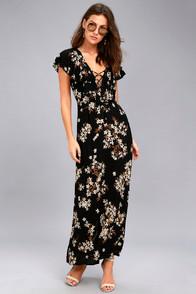 Amuse Society Alana Black Floral Print Lace-up Maxi Dress