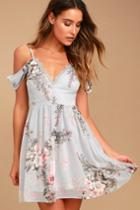 Lulus | Verona Light Blue Floral Print Off-the-shoulder Lace Dress | Size Large | 100% Polyester