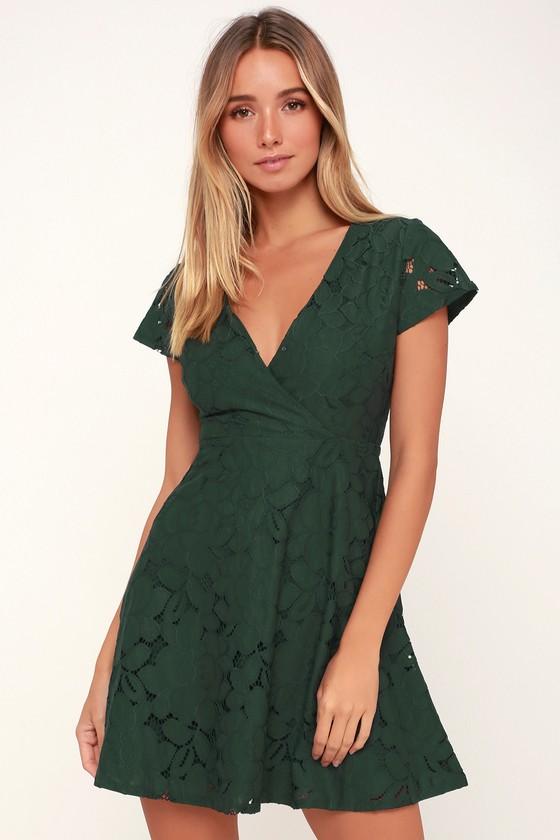 Black Swan Tia Dark Green Lace Skater Dress | Lulus