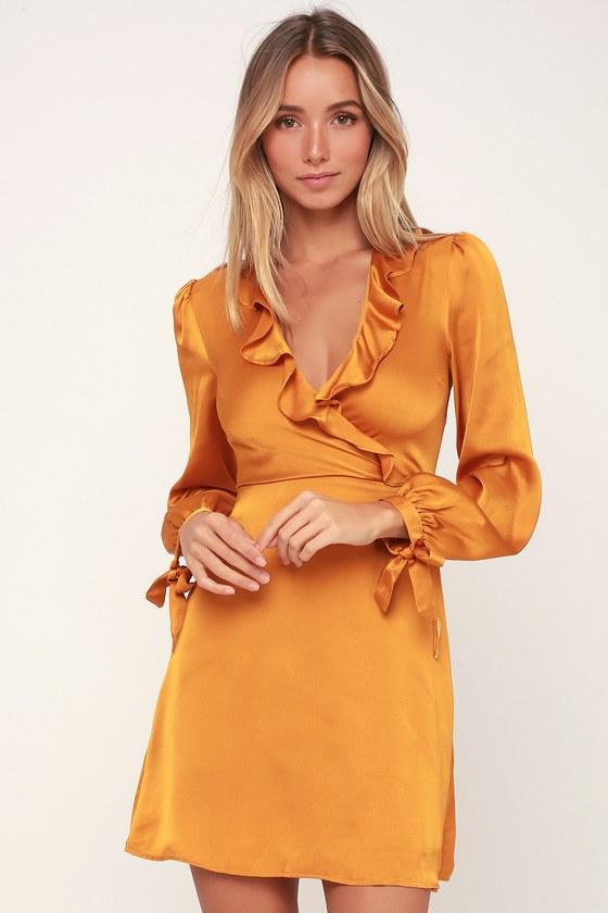 Lost + Wander Dawn Golden Yellow Satin Long Sleeve Surplice Dress | Lulus