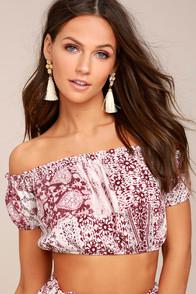 Lulus Attention To Detail Burgundy Print Off-the-shoulder Crop Top