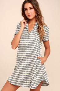 Rag Poets Key West Blue And Grey Striped Shirt Dress