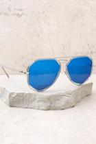 Lulus Hello Hot Stuff Silver And Blue Sunglasses