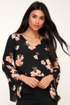 Abbey Black Floral Print Flounce Sleeve Top | Lulus
