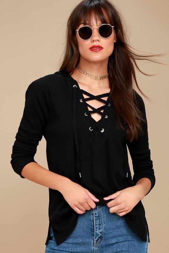 Z Supply | Adventure Forever Black Lace-up Hooded Thermal Top | Size Large | Lulus