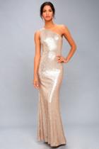 Lulus | Timeless Story Matte Rose Gold Sequin One-shoulder Maxi Dress | Size Large | 100% Polyester