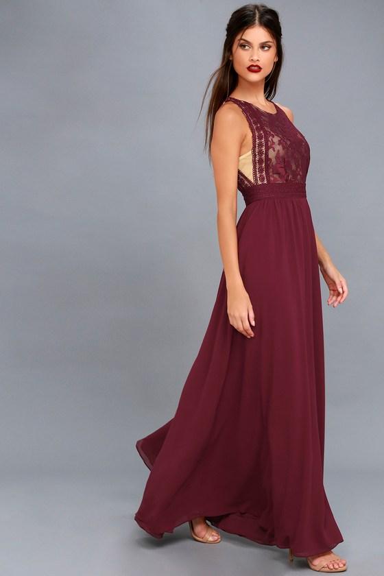 Lulus | Forever And Always Burgundy Lace Maxi Dress | Size Large | Purple | 100% Polyester