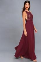 Lulus | Forever And Always Burgundy Lace Maxi Dress | Size Large | Purple | 100% Polyester