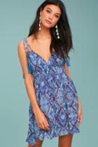 Lulus | In Love With Love Blue Print Backless Skater Dress | Size Large | 100% Rayon