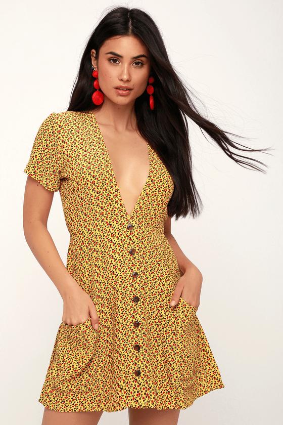 Faithfull The Brand Pilou Yellow Floral Print Mini Dress | Lulus